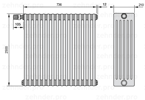 Схема (чертеж) Радиатор Zehnder Charleston 6250/16 №V011 Белый глянцевый RAL 9016